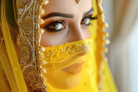 Wedding Photograph of a beautiful muslim bride wearing yellow elegant niqab with gorgeous eyes. Fictional Character Created by Generative AI.