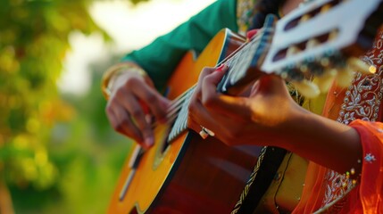 Close-up of a female playing a guitar at garden Fictional Character Created by Generative AI.