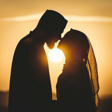  A Romantic Couple photo of A Muslim couple kiss during a sunset or sunrise. Fictional Character Created by Generative AI.