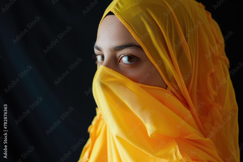 Wall mural an Arabian woman wearing a yellow Muslim headscarf, also known as a hijab during Ramadan. Fictional Character Created by Generative AI. - Wall murals