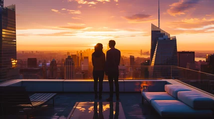  Buildings and couple silhouette against sunset skyline, romantic urban scene with warm tones © Aldey