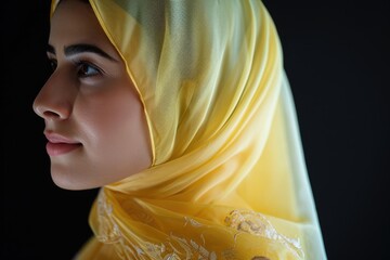 an Arabian woman wearing a yellow Muslim headscarf, also known as a hijab during Ramadan. Fictional Character Created by Generative AI.