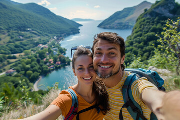 Adventurous couple taking a selfie with a stunning mountain lake view