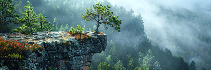 wallpaper gorgeous evergreen forests over a rocky cliffside, with empty copy space - obrazy, fototapety, plakaty