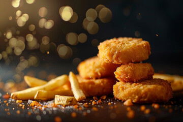 Delicious fried nuggets and french fries served on a table - obrazy, fototapety, plakaty