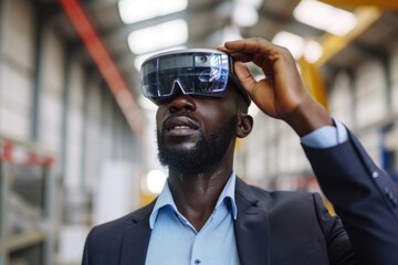  The Future of Work - a Young African Businessman Futuristic Looking Augmented Reality Glasses at his factory or industry.  Fictional Character Created by Generative AI.