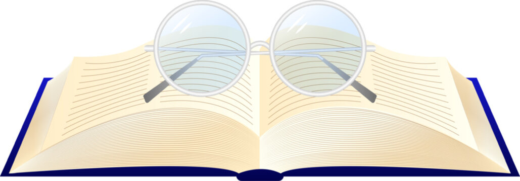 Vector illustration of open book with spectacles on top on transparent background