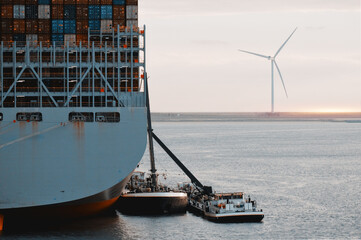 Ship-To-Ship STS Bunkering Operations In The Port With Marine Loading Arm.