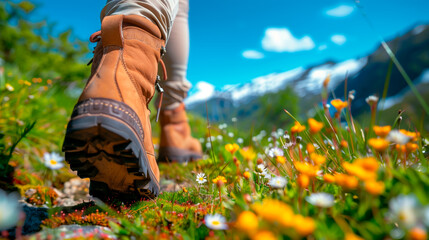Hiking in the alps or mountains with vibrant wildflowers and mountain backdrop.