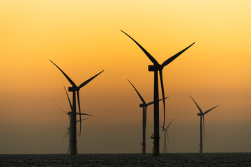 Sunset view of the Offshore wind power systems off the western coast of Taiwan.