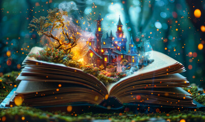 Fairy Tale Awakening - Illuminated Fantasy Castle Emerging from Open Book - obrazy, fototapety, plakaty