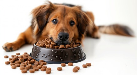 Adorable dog lies with chin on a bowl of dry dog food on a white background. A dog bored with food...