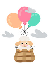 Adorable sheep flying in basket with balloons