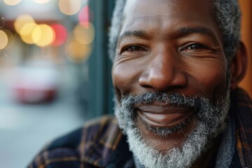 Close up portrait of a senior African man with white beard and mustache smiling in the city