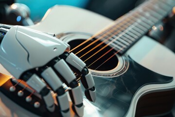 A robotic hand is playing a guitar.