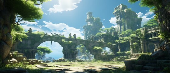 Fototapeta premium 3D render of ancient ruins in a video game, where players discover a legendary cyber wallet unlocking new realms