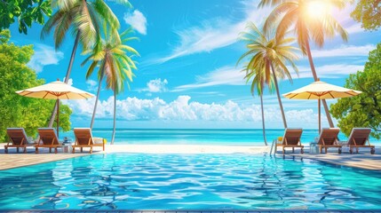 Fototapeta na wymiar A pool with a beach setting and umbrellas.