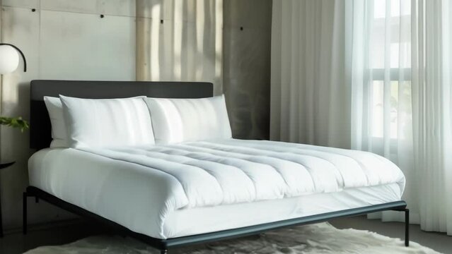 In the bedroom a queensized bed commands attention with its minimalist black metal frame and crisp white bedding. The concrete backdrop is softened by floorlength gray velvet curtains .
