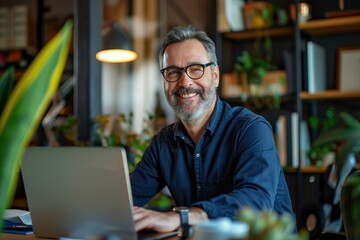 Fototapeta premium A man is sitting at a desk with a laptop in front of him. He is smiling and he is happy