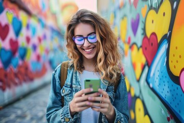 Young woman with smartphone standing against colorful graffiti wall