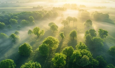 Beautiful trees from a top view of a valley with fog and morning light in an aerial photograph. - obrazy, fototapety, plakaty