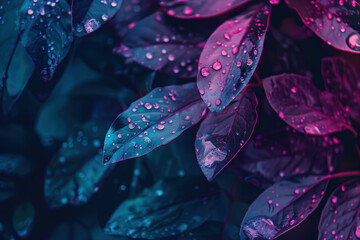water drops on purple leaves. Floral background. Created with Generative AI technology.