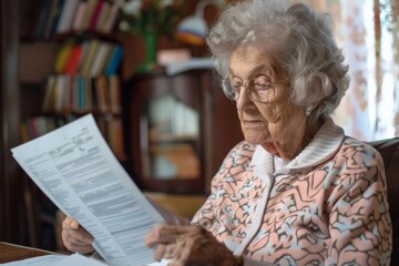 Elderly woman reviews personal paperwork in a cozy home environment