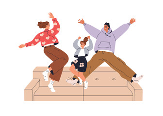 Happy family jumping. Excited joyful parents and kid celebrating together. Funny mom, dad and girl child having fun, rejoicing, exulting at home. Flat vector illustration isolated on white background