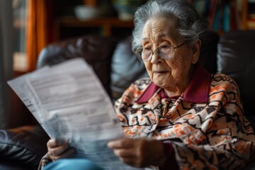 Elderly Asian woman reading paperwork with focused expression indoors