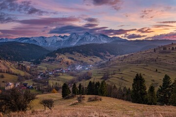 View of Tatra mounains. Landscape of High Tatras in the spring. Snowy mountain tops and beautiful...