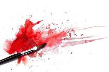 Explosive red watercolor splash with brush on white background, artistic expression concept