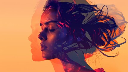 Vector art character, Abstract Double Exposure Female Portrait, flat design into 3D space,