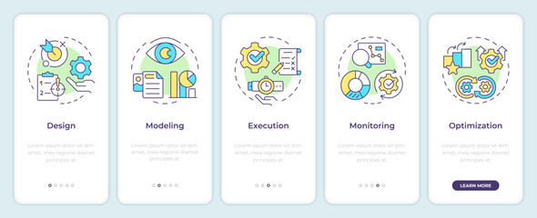 BPM lifecycle onboarding mobile app screen. Business modeling. Walkthrough 5 steps editable graphic instructions with linear concepts. UI, UX, GUI template. Montserrat SemiBold, Regular fonts used