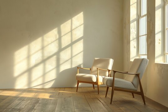 Therapy session interior, comforting, two chairs, subtle, room for text, side view, soft daylight