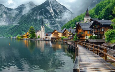 Fototapeta premium Pier at a lake in Hallstatt, Austria