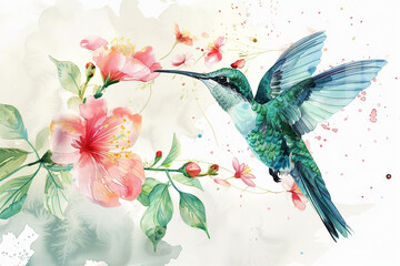 watercolor painting depicting a hummingbird and flowers