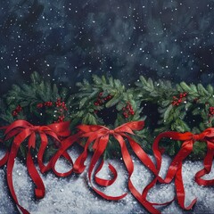 A festive image capturing green wreaths with red ribbons on a snowy background.