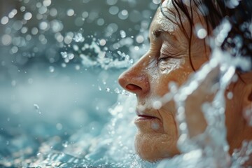 Elderly woman enjoying serene moments in water, close-up of face surrounded by splashes