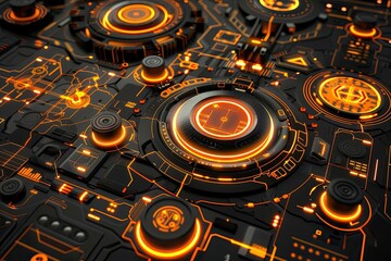A glowing orange circuit board with black background