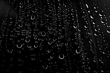 Obraz premium Closeup - rain water drops behind glass look like bubbles in black liquid. Abstract wet background.