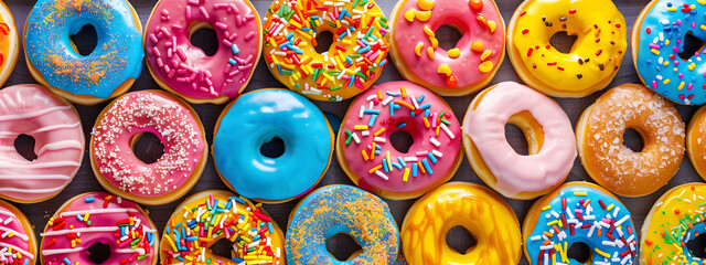 Colorful sweet delicious glazed donuts.  Sweet background. Top view