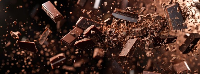 Chocolate pieces and bars exploding and flying around.