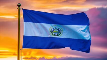 El Salvador Waving Flag Against a Cloudy Sky at Sunset.