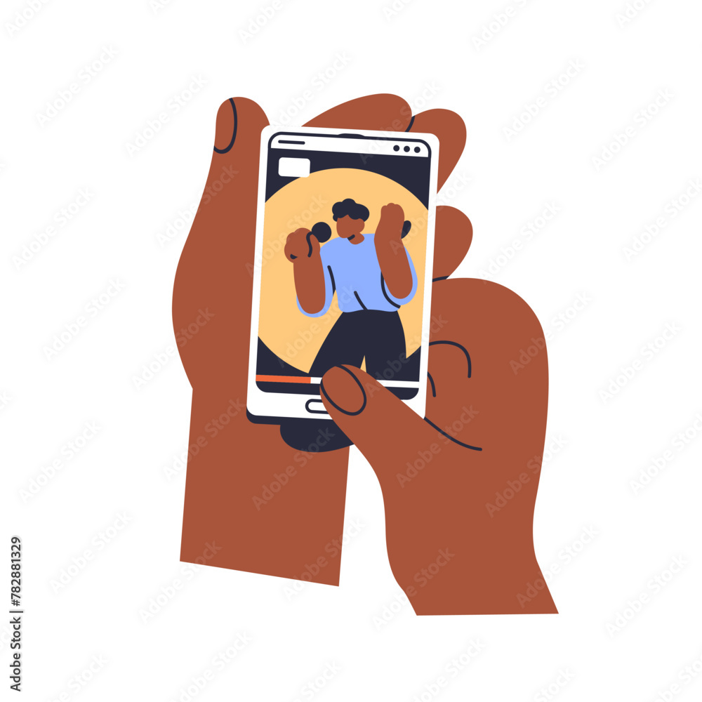 Aufkleber watching online video on mobile phone screen. hand holding smartphone with vertical social media sto