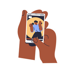 Watching online video on mobile phone screen. Hand holding smartphone with vertical social media story. Digital internet entertainment content. Flat vector illustration isolated on white background - obrazy, fototapety, plakaty