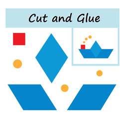 Educational paper game for kids. Cut parts of the image and glue on the paper. DIY worksheet. Vector illustration of paper boat from geometric shapes.