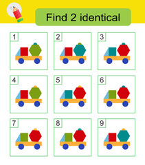 Fun puzzle game for kids. Need to find two identical cartoon trucks. Answer is 6,8.