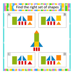 Puzzle for kids. Find the correct set of cartoon rocket ship. Answer is B