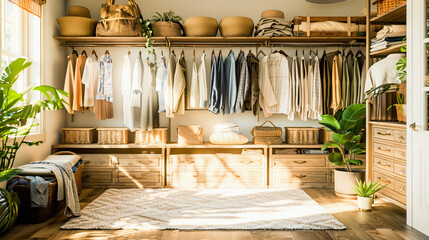 A well-organized, sunlit walk-in closet with neatly arranged clothes, wooden shelves, storage baskets, plants, and a central textured rug.