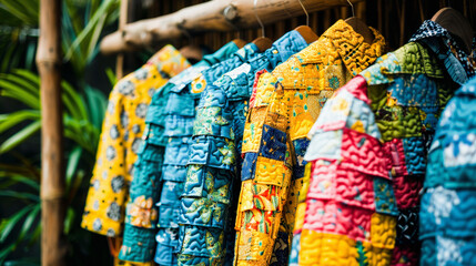 Colorful patterned shirts hanging on a rack, displaying various designs of tropical and floral prints, possibly at a market or store.